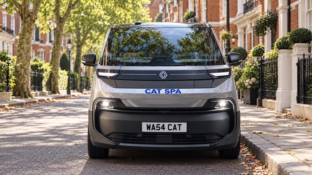 A 4 Paws Mobile Cat Spa, with CAT SPA across the front, parked on a tree-lined London street of mansion blocks
