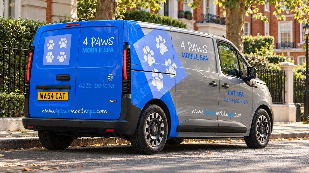 Rear view of a 4 Paws Mobile Cat Spa outside a London mansion block