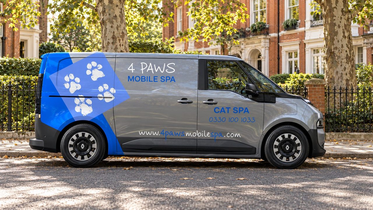 A 4 Paws Mobile Cat Spa on a London street, side view