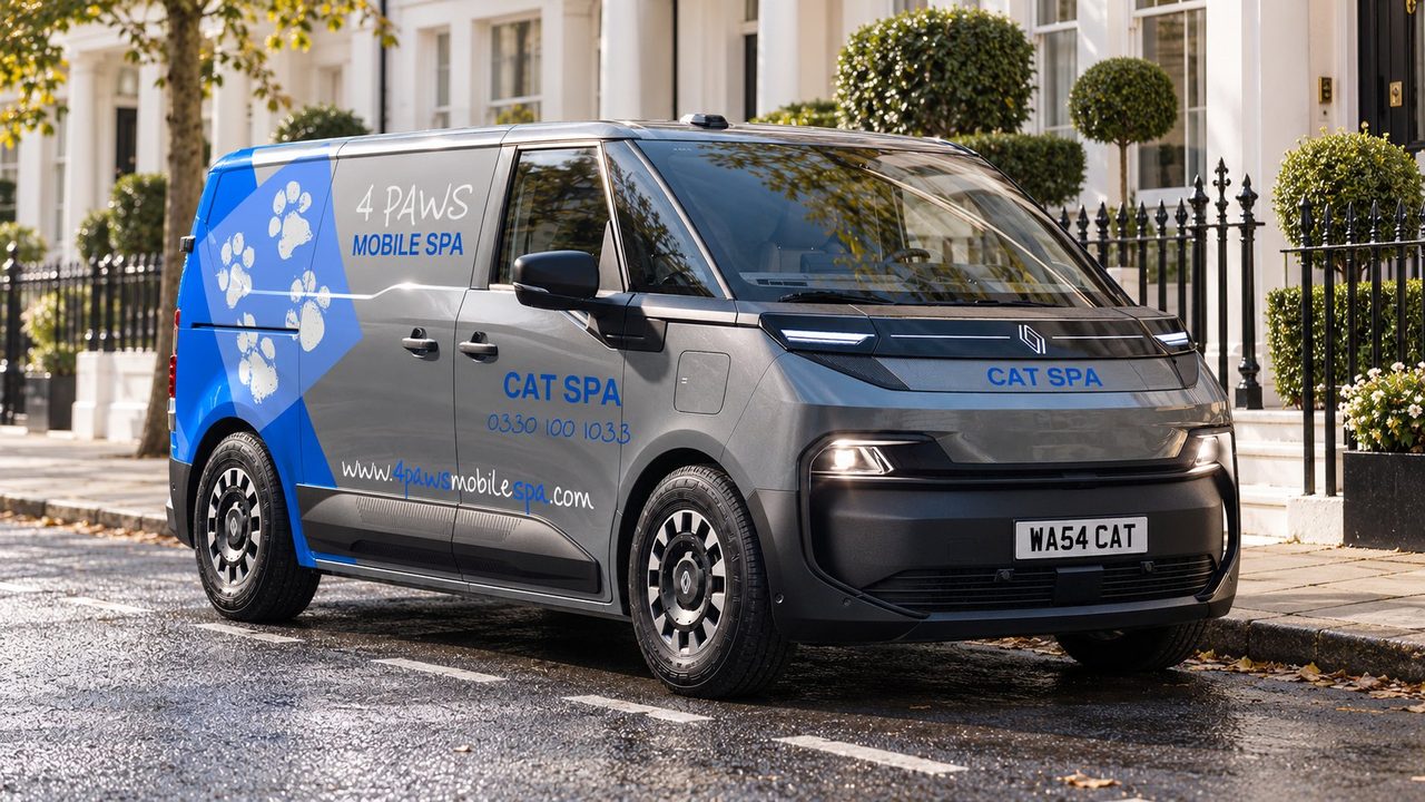 A 4 Paws Mobile Cat Spa parked outside a white stucco London townhouse