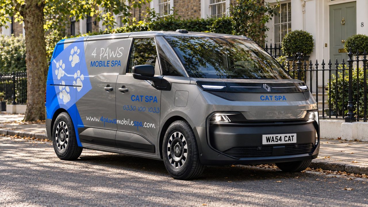 A 4 Paws Mobile Cat Spa parked on a tree-lined London street of white stucco houses