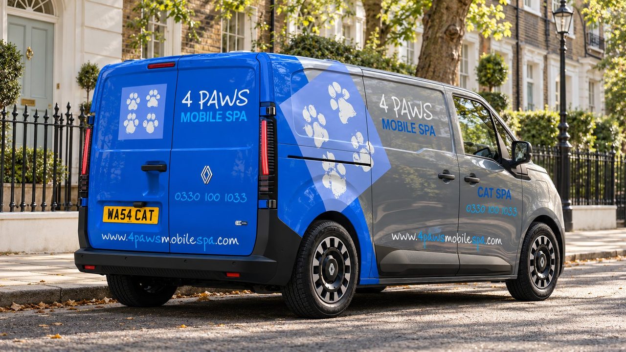 A 4 Paws Mobile Cat Spa on a London street, rear three-quarter view